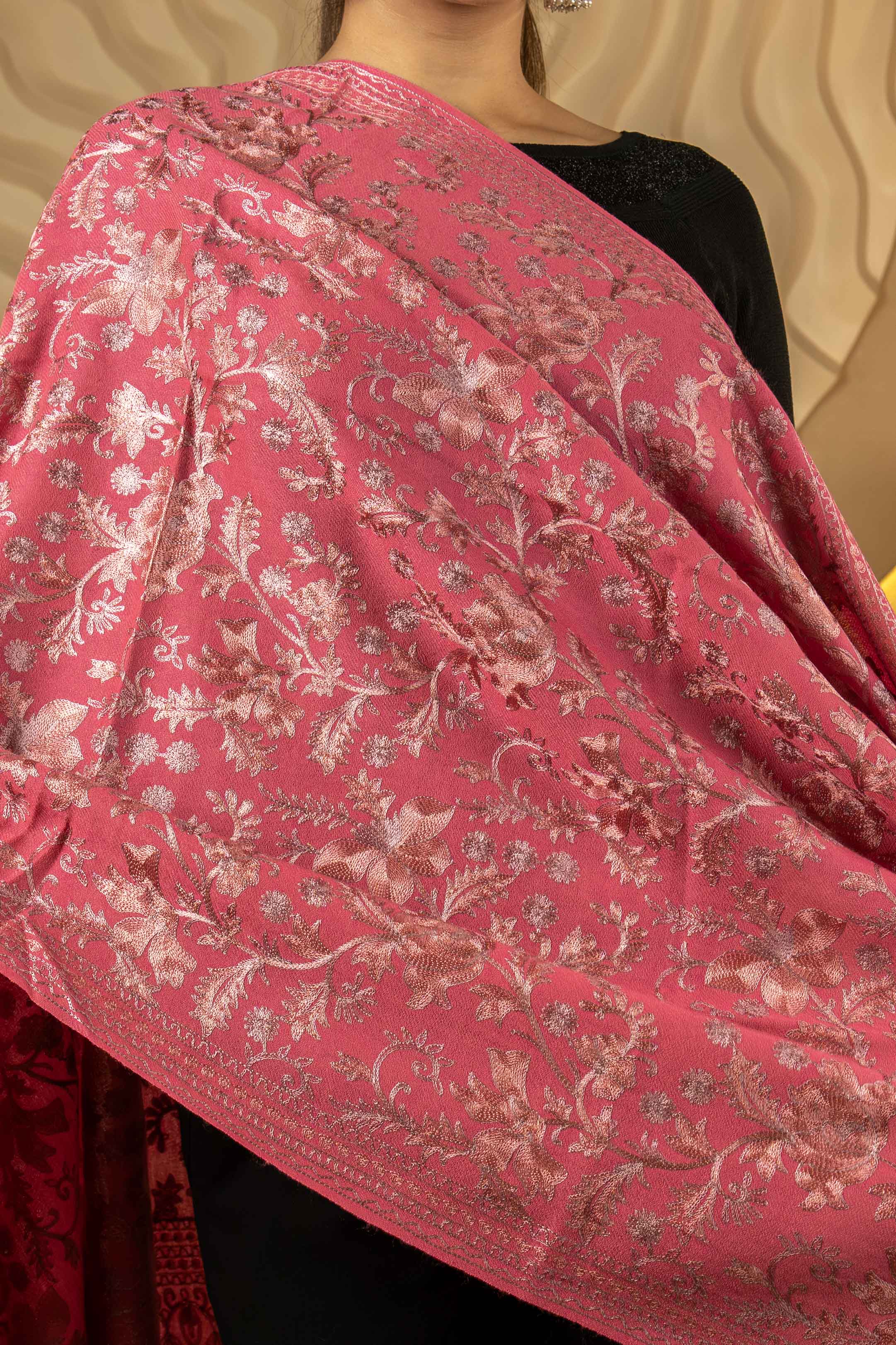 Aari Embroidered Pink Pure Wool Stole For Women
